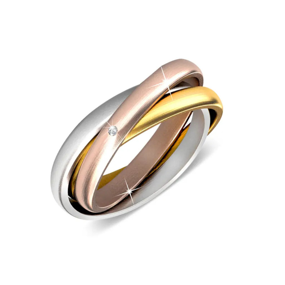 Bague 3 anneaux - Argenté, Doré, Or Rosé et Cristal