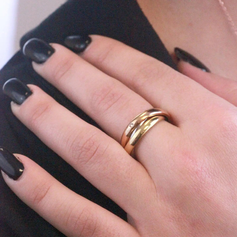 Bague 3 anneaux - Argenté, Doré, Or Rosé et Cristal